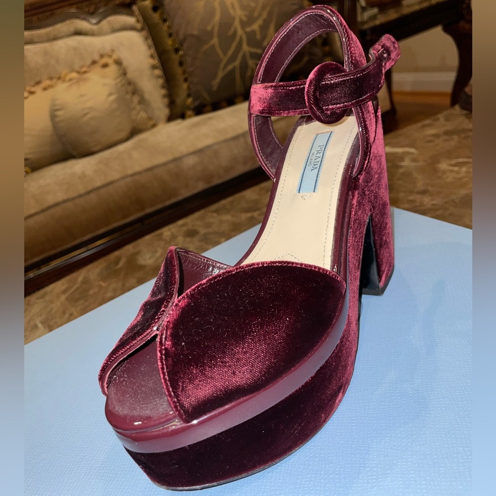 Prada Patent-Trim Burgundy Velvet  Platform Sandal